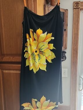 Vintage Black Cover Up Or Casual Dress With Bold, Large Yellow Floral Print